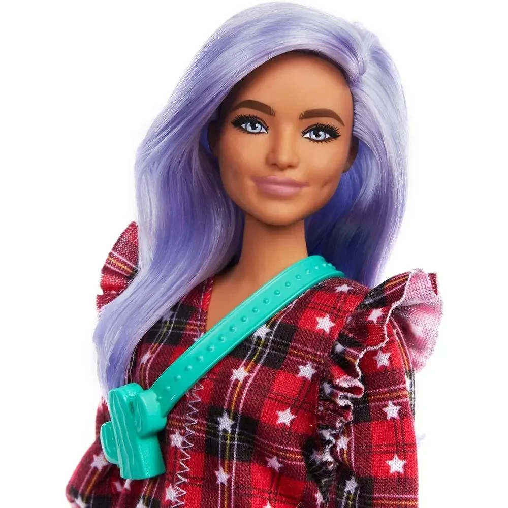 Barbie Fashionistas Doll #157 Curvy with Lavender Hair Red Plaid Dress NIB